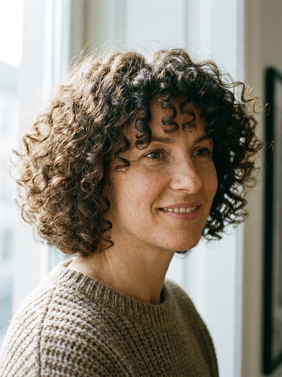 Rund geschnittener Curly Bob - Lockige Bob Frisur